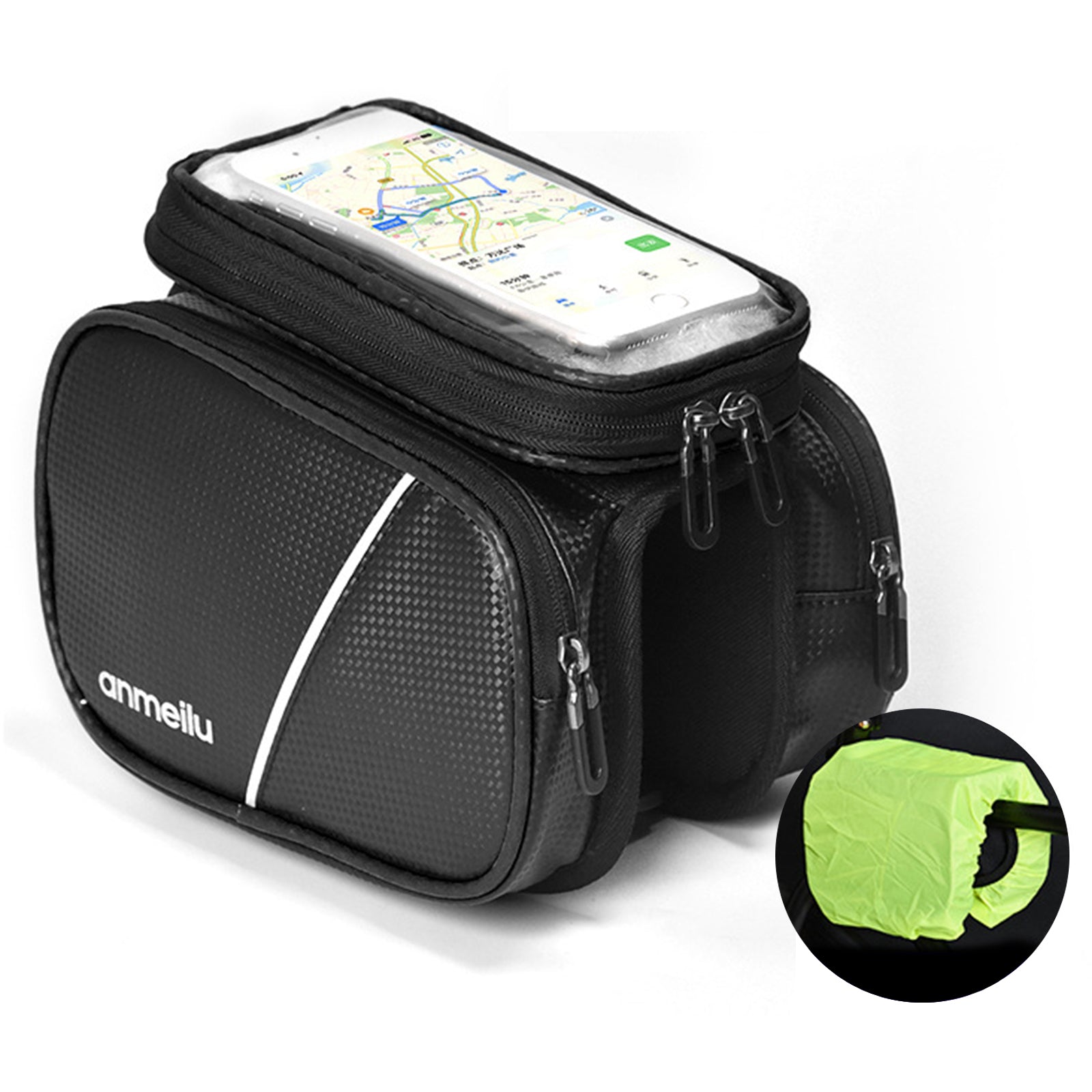 ANMEILU 7006 Waterproof Cycling Bike Front Frame Bag Touch Screen Phone Pouch Bicycle Top Tube Storage Bag with Rainproof Cover ANMEILU 7006 Waterproof Cycling Bike Front Frame Bag Touch Screen Phone Pouch Bicycle Top Tube Storage Bag with Rainproof Cover